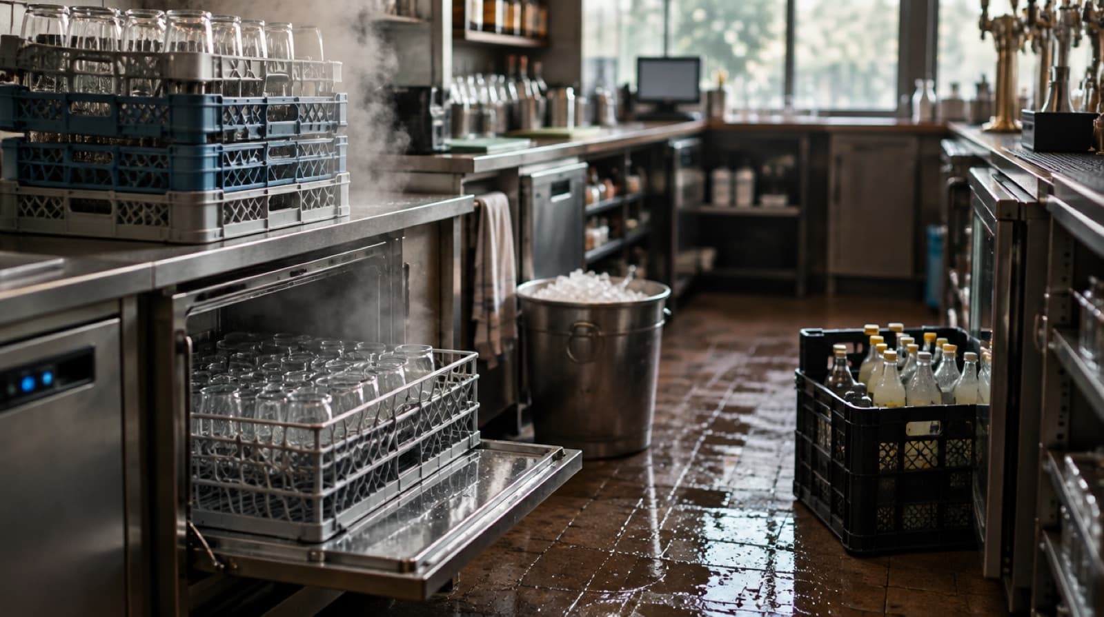 Stacked plastic glass racks steaming beside an open under-counter glasswasher, a full ice bucket and a crate of mixers on a wet tiled floor behind a bar.