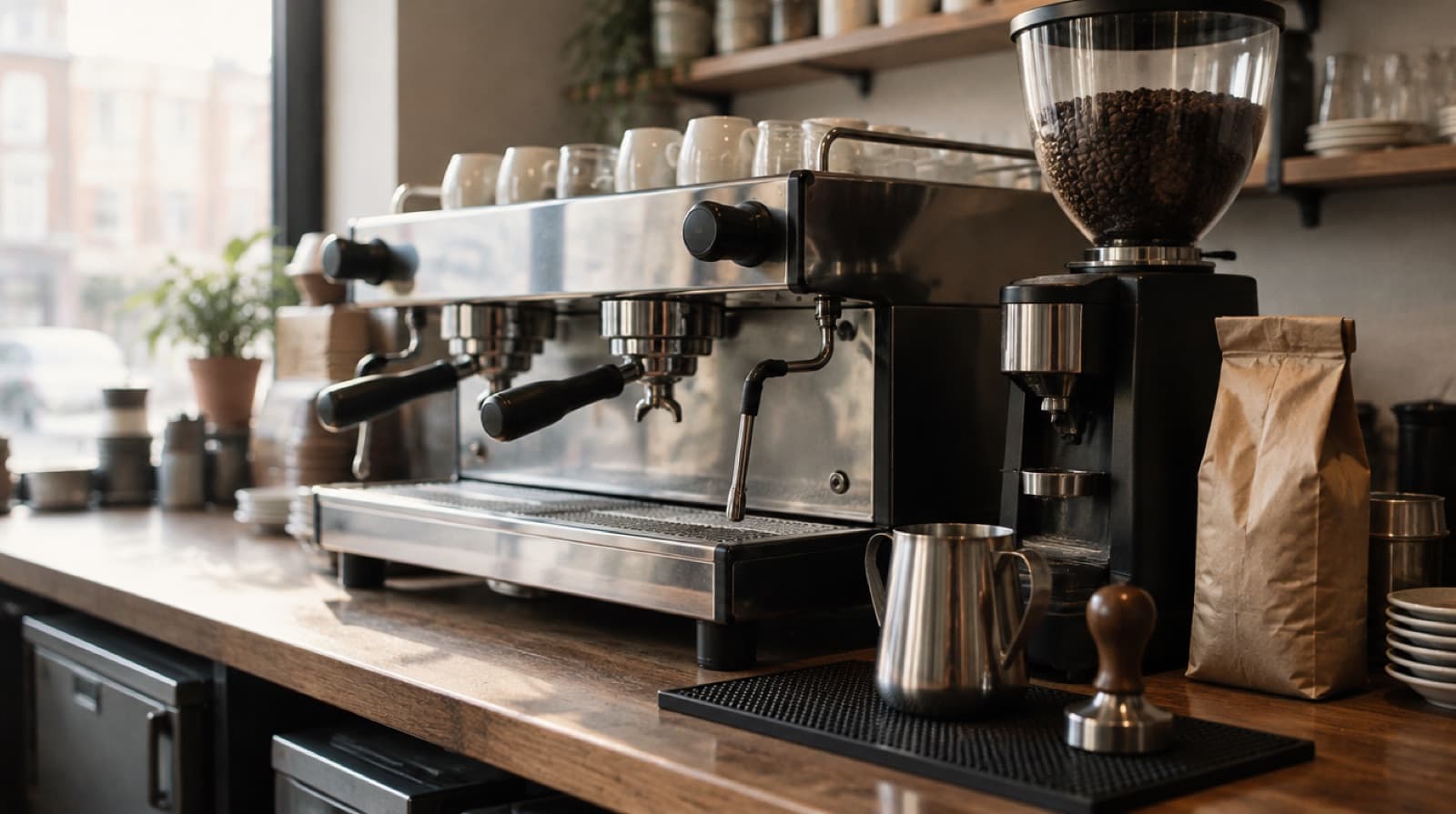 A two-group espresso machine in early morning light, a steel milk jug and a tamper on a rubber mat, with a bag of coffee beans beside the grinder hopper.