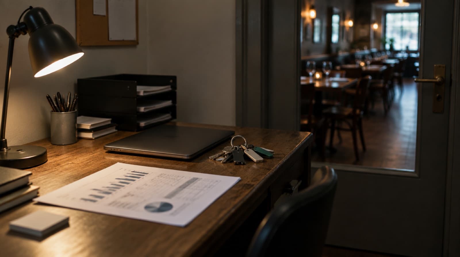 A small back office desk with a printed profit and loss report, a desk lamp, a ring of labelled keys and a closed laptop, the restaurant dining room dim through a glass panel in the door.