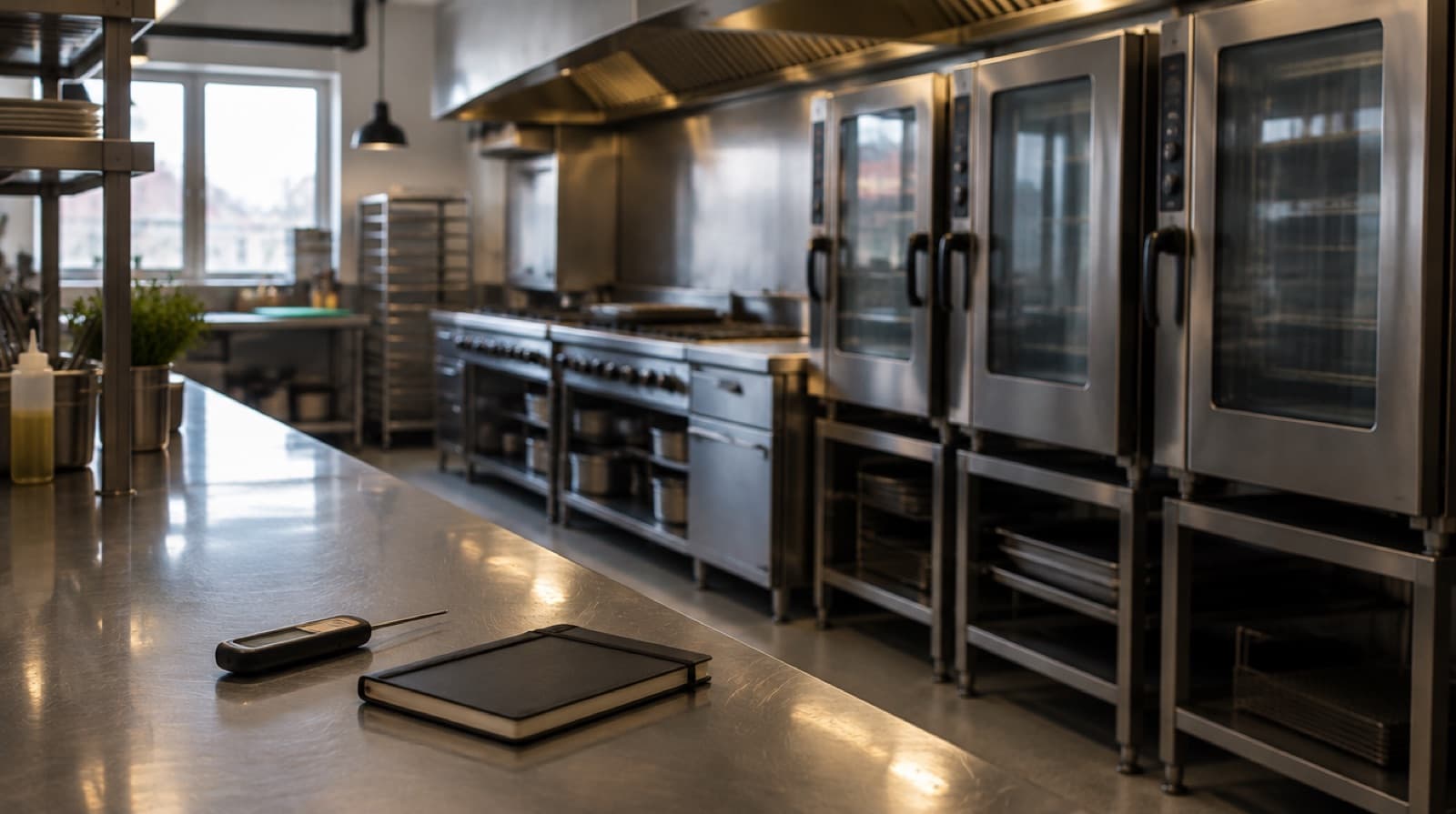 A kitchen at opening time with half the lights on, a row of cold ovens, and a probe thermometer and a closed notebook resting on the clean steel.