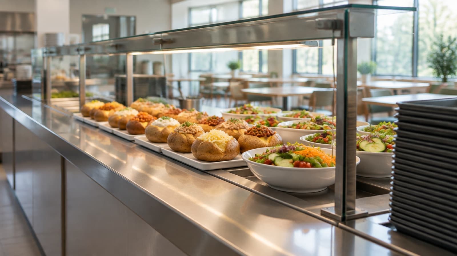 A stainless serving counter in a bright canteen, trays of portioned jacket potatoes and salad bowls lined up under a sneeze screen, a stack of clean trays at one end.