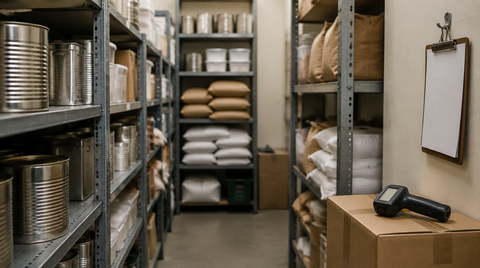 A narrow dry store with steel shelving of catering tins and sacks of flour, a clipboard on a hook and a handheld stock scanner resting on a cardboard case.