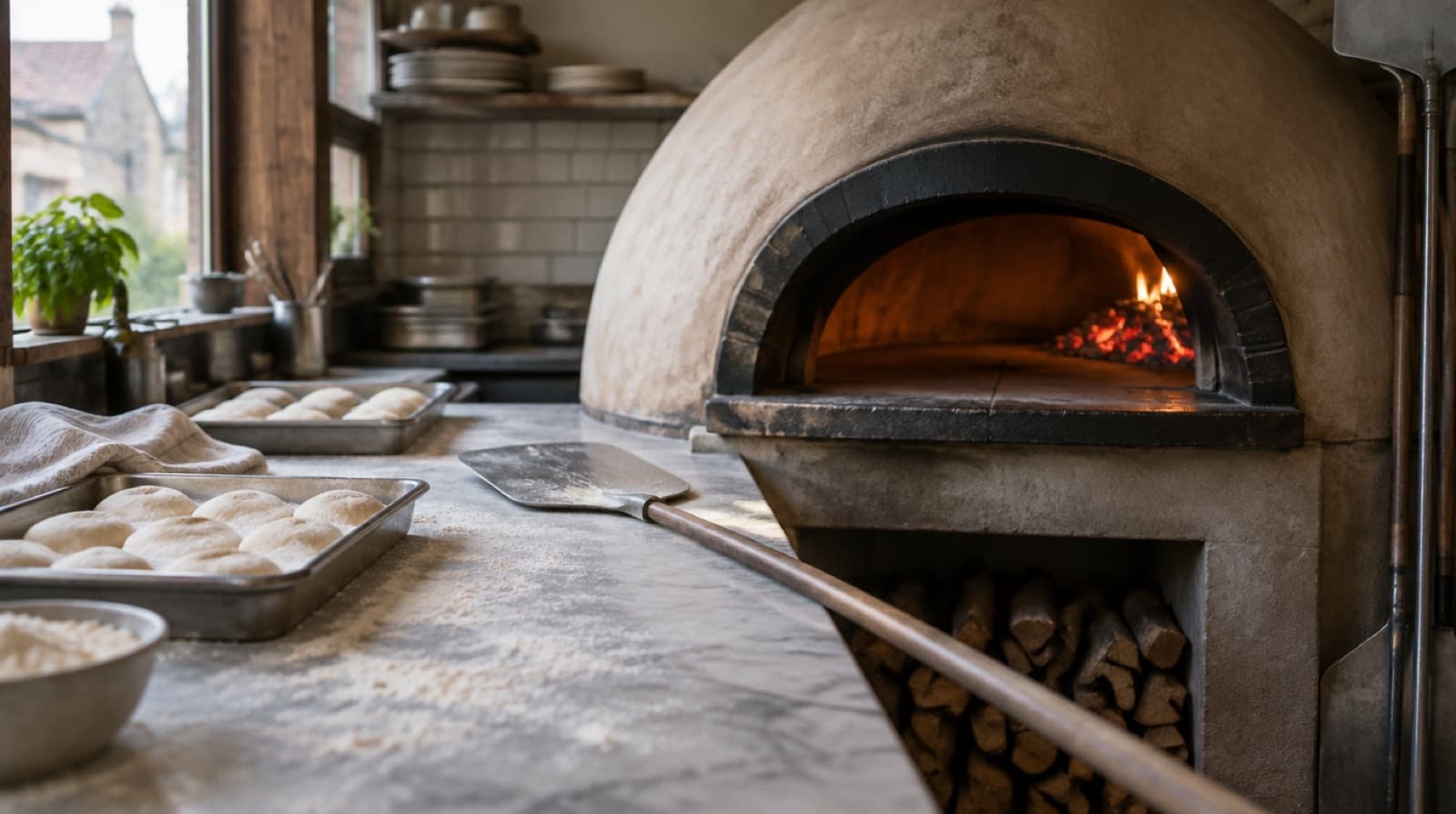 A domed wood-fired oven with embers pushed to one side, a floured marble bench holding trays of proving dough balls and a long-handled peel.