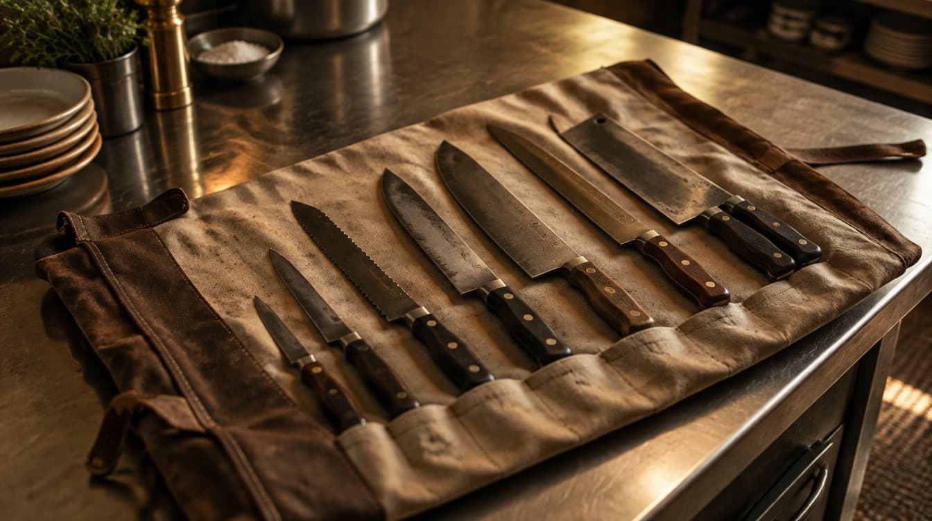 A canvas knife roll opened out on a steel bench, each worn knife seated in its slot.