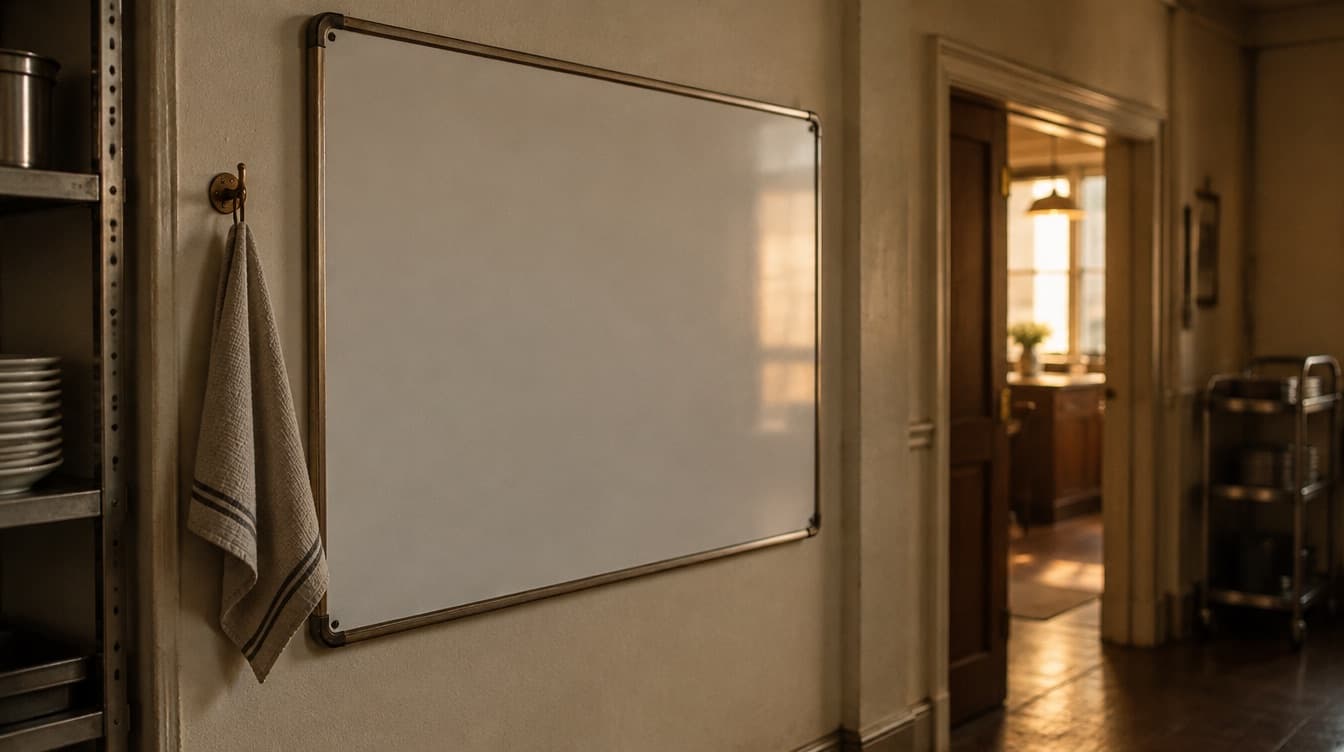 A wall-mounted rota board wiped completely clean, in a service corridor.