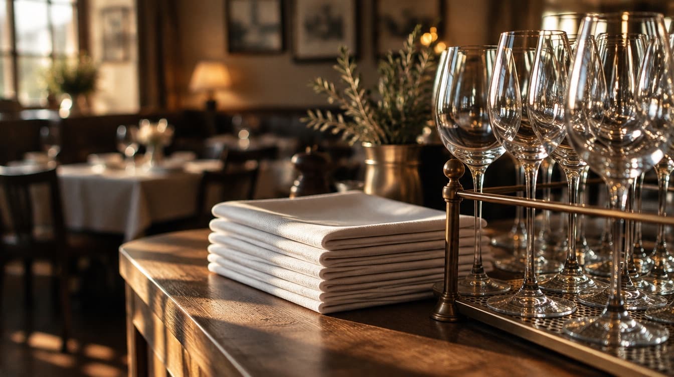 A stack of folded linen napkins beside a rack of polished glasses catching the light.