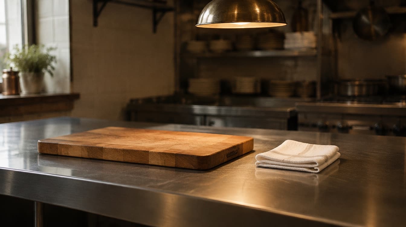An empty prep station under an overhead light, a scrubbed board and a folded cloth on steel.