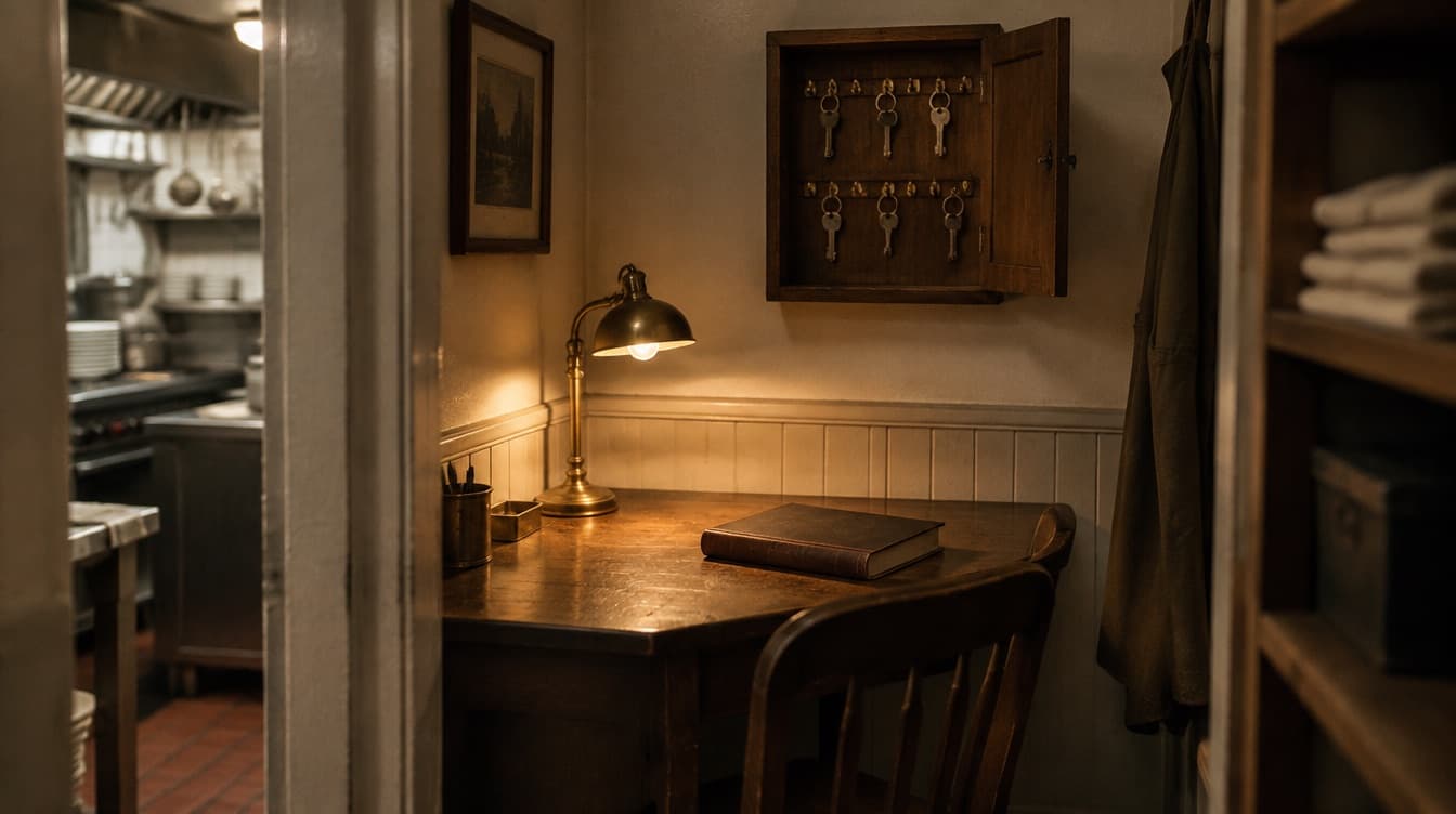 A back-of-house office: a desk lamp lit, a closed ledger, and a key cupboard on the wall.