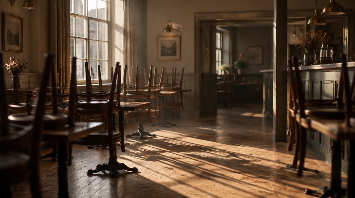 A dining room in mid-afternoon, chairs upturned on the tables and long shadows across the floor.