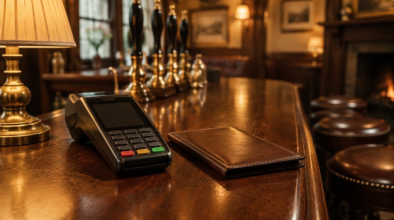 A card terminal and a closed leather bill folder on a polished pub bar.