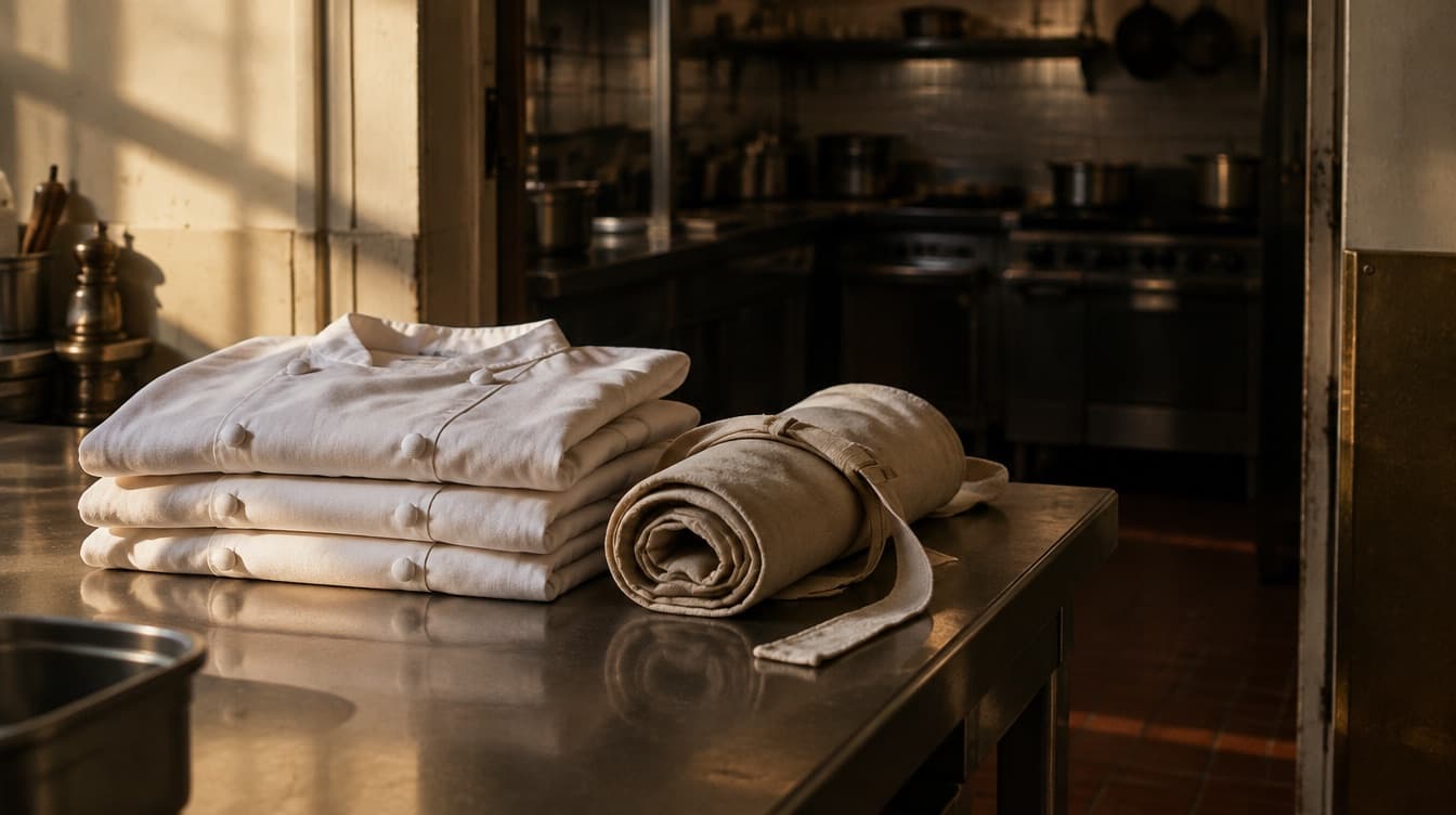 Folded chef whites and a rolled apron set out on a steel bench beside a dark kitchen.