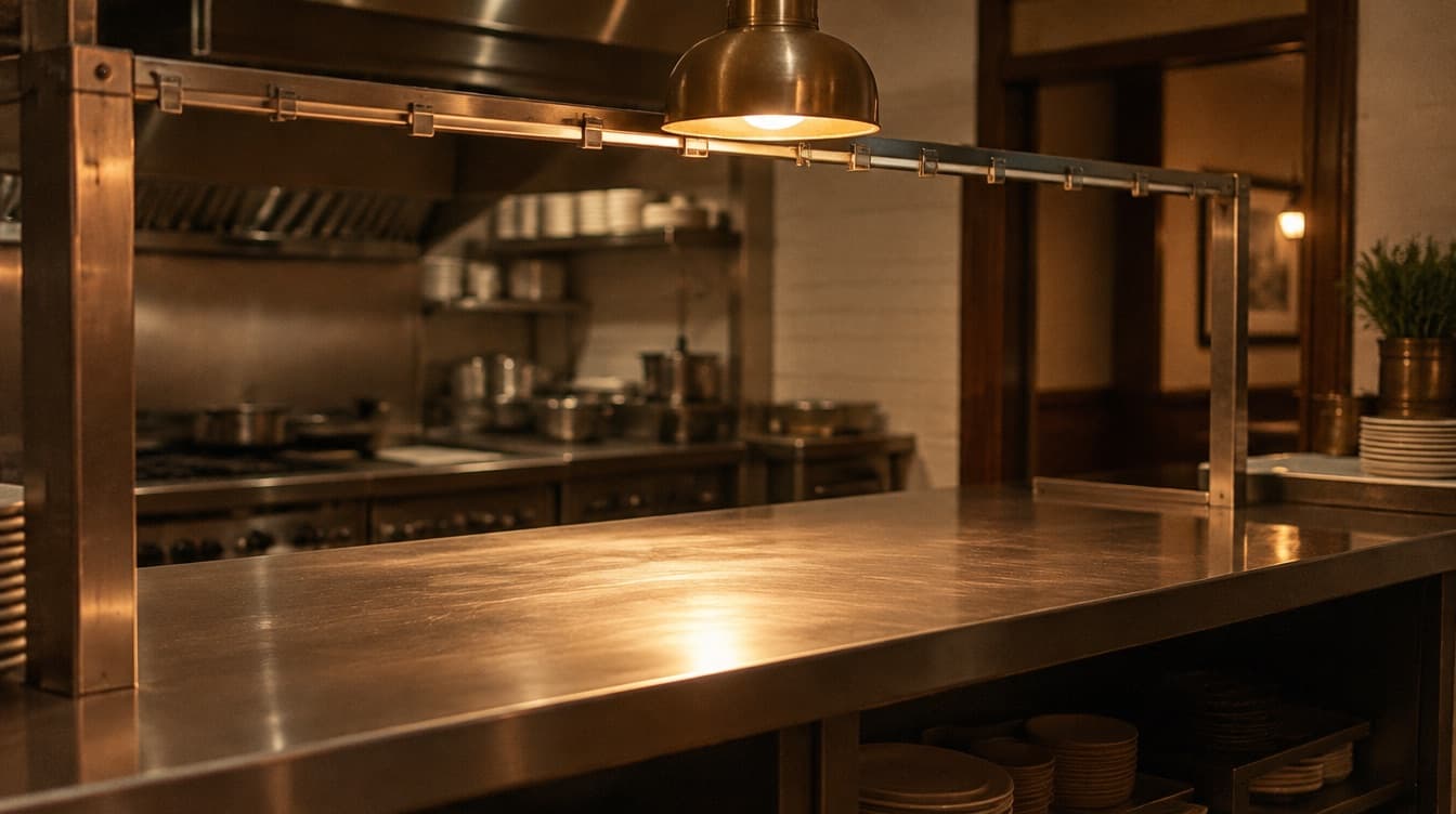An empty stainless steel pass under a single warm service lamp, its docket rail bare.