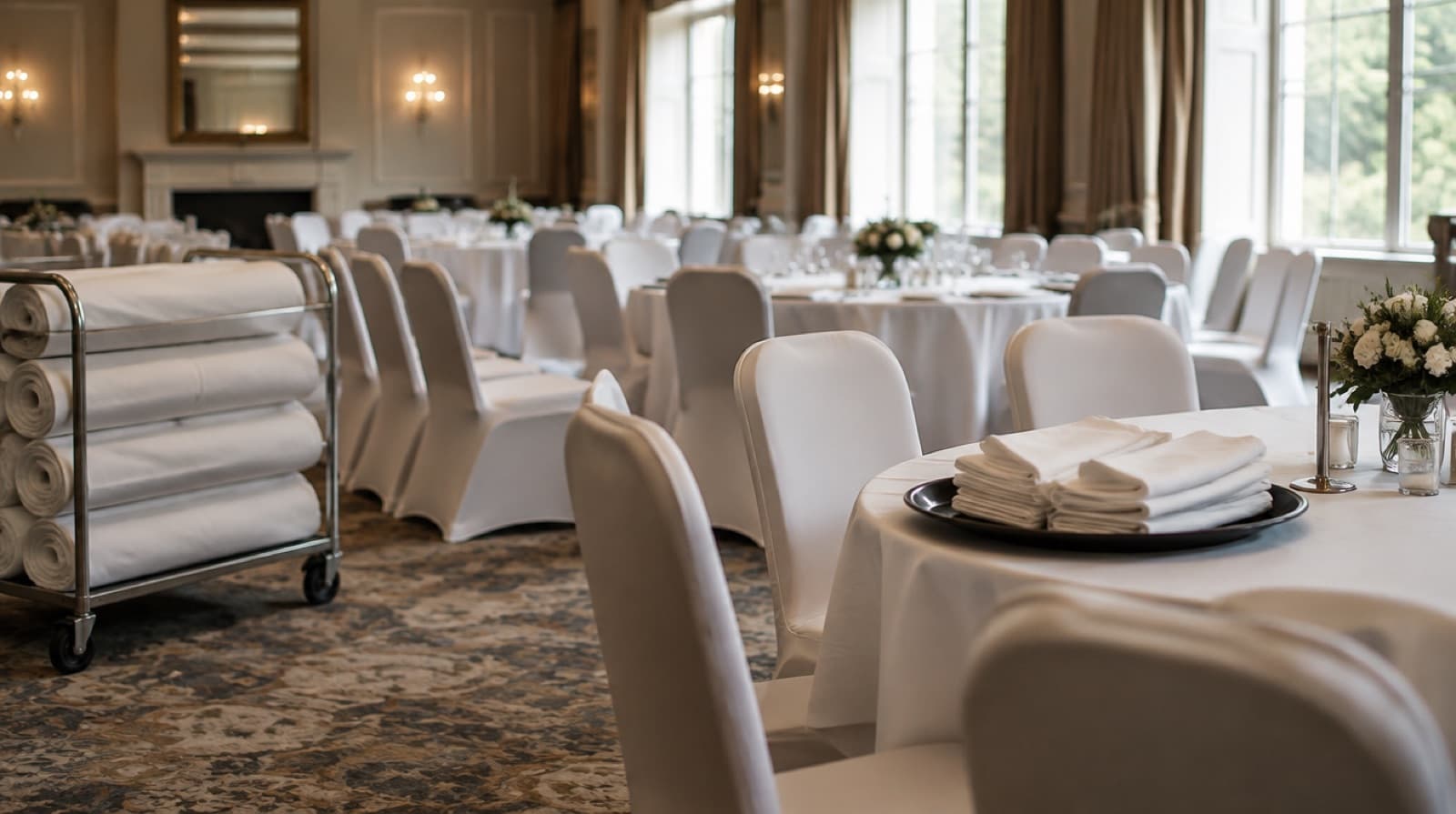 A ballroom half set for a dinner, rolled tablecloths stacked on a trolley beside rows of chairs in covers and a tray of folded napkins on the nearest round.