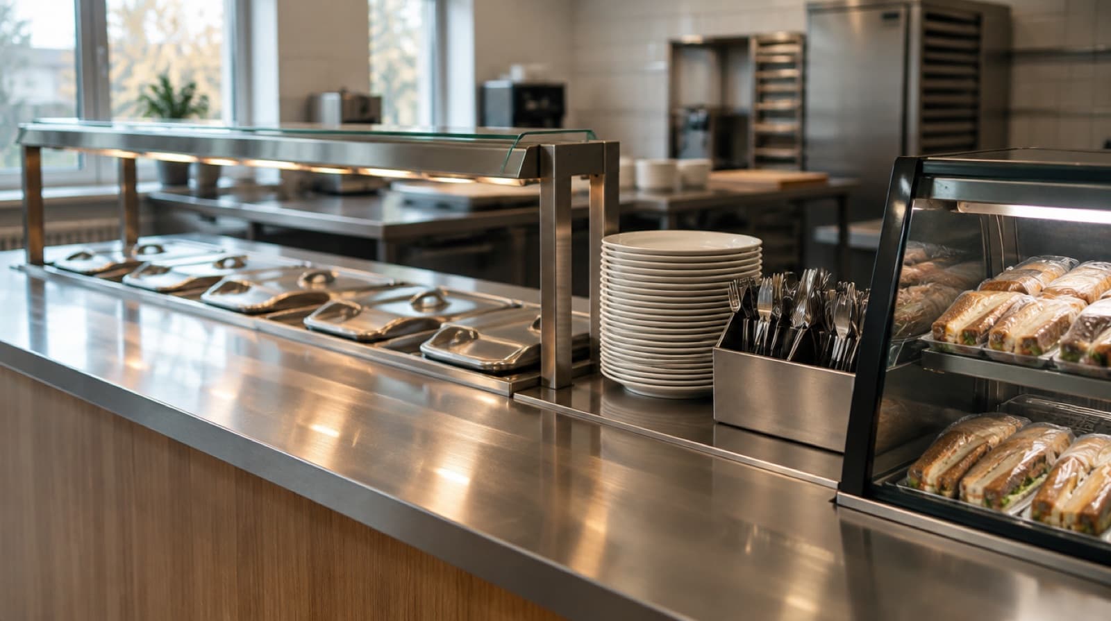 A stainless servery counter in a staff canteen with covered hot-hold trays, a stack of clean plates, a rack of cutlery and wrapped sandwiches lined up in a chiller.