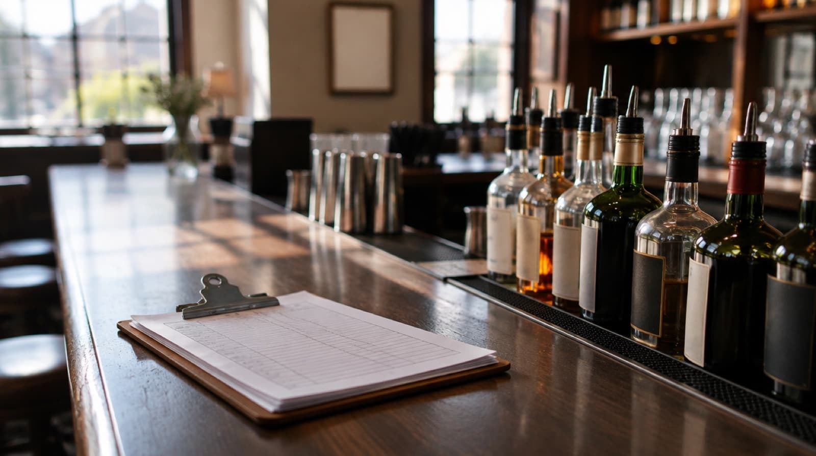 A clipboard of stock sheets lying on a closed bar top in morning light, beside a row of spirit bottles with their pourers capped.