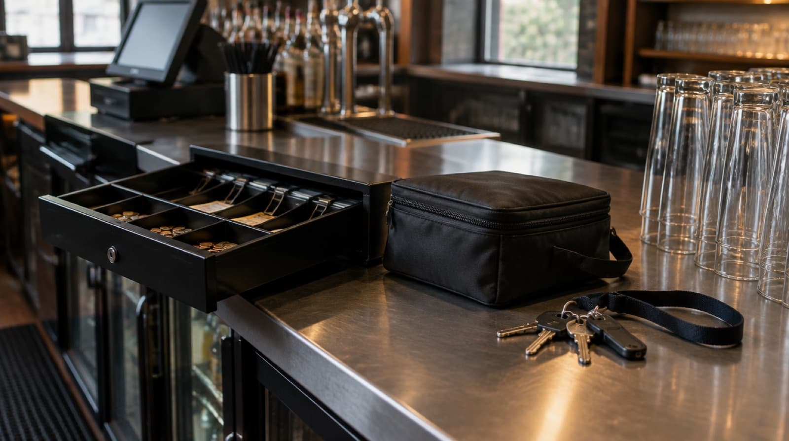 An open till drawer and a zipped cash bag on a steel back bar after closing, a bunch of keys on a lanyard beside a stack of clean pint glasses.