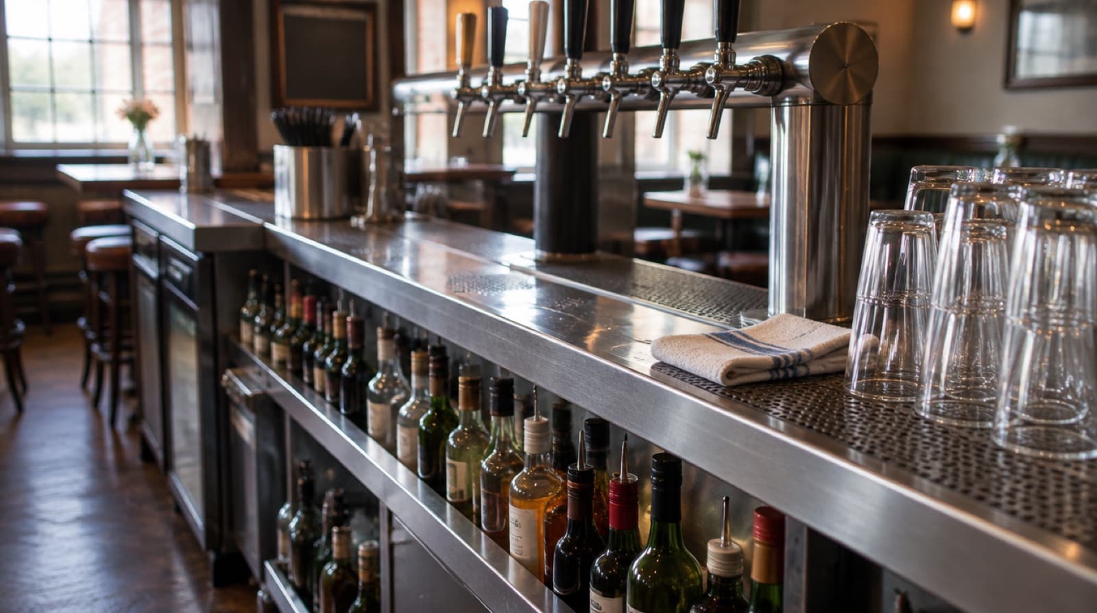 A stainless steel speed rail lined with bottles beneath a row of beer taps, a folded bar towel and a stack of clean pint glasses on the drip mat.
