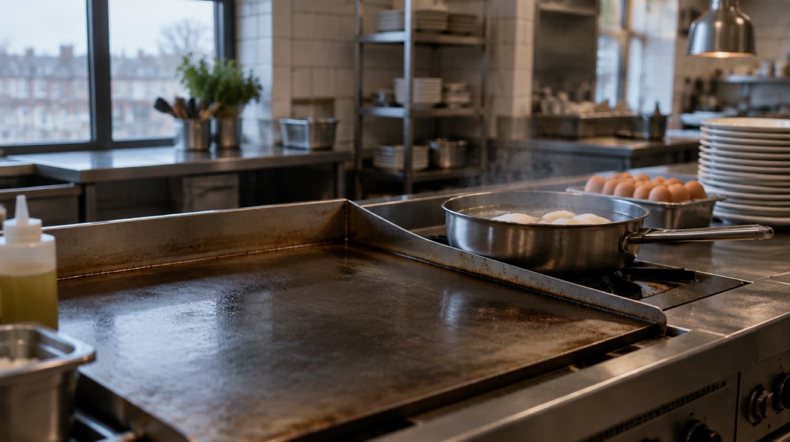 A flat-top griddle in grey early light, a pan of poaching water beside a tray of eggs and a stack of warm plates.