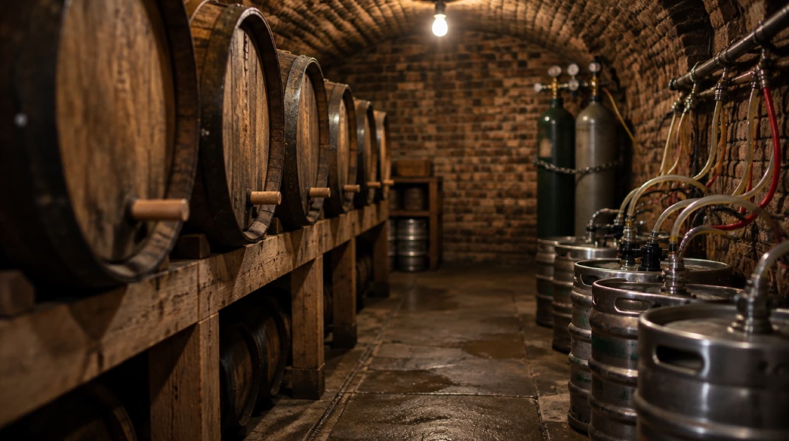 A cool brick cellar lit by a single bulb, wooden-stillaged casks with pegs in their shives, steel kegs coupled to coiled beer lines and a pair of gas cylinders chained to the wall.