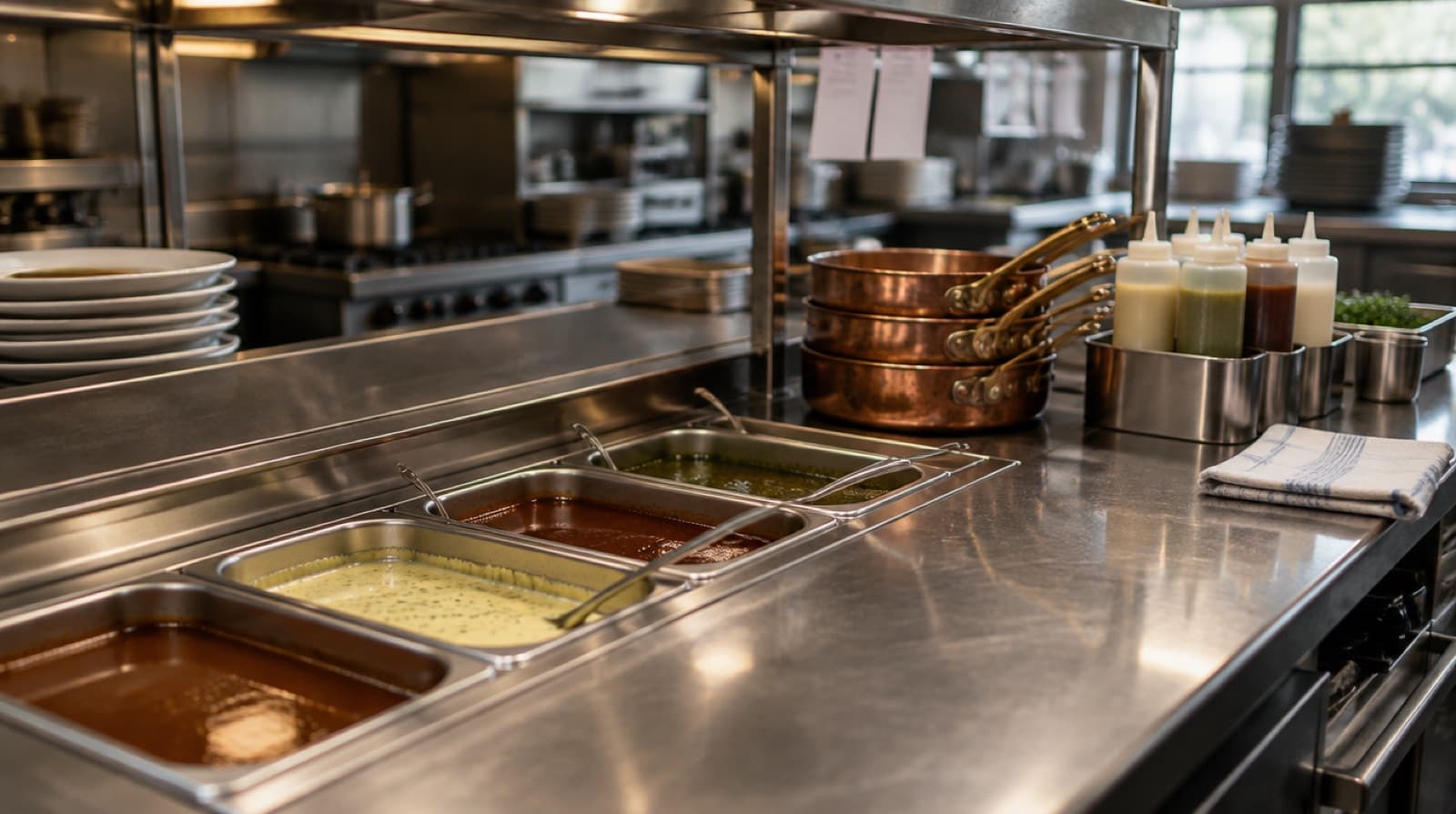 A sauce section ready for service: bain-maries of glossy sauces, a stack of copper pans, a line of squeeze bottles and a folded side towel on the steel.