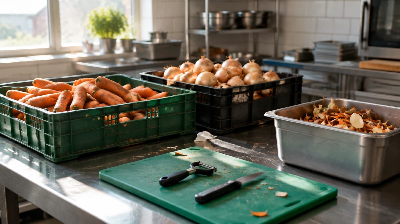 A prep bench in bright morning light, stacked with crates of carrots and onions, a peeler and a paring knife on a green chopping board and a steel tub of peelings.