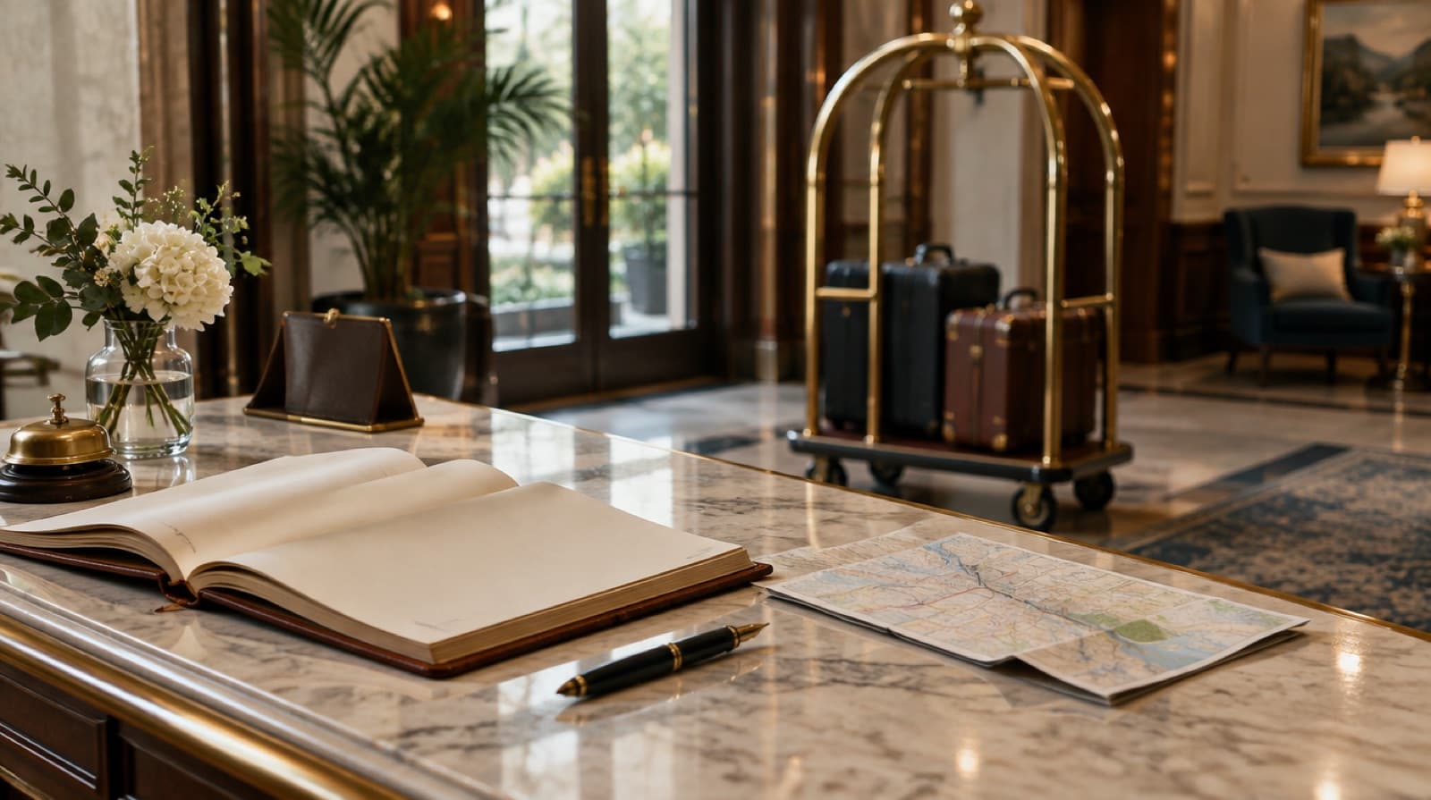 A small marble-topped desk in a hotel lobby with a leather-bound log book lying open, a fountain pen, a folded street map and a brass luggage trolley waiting behind it.