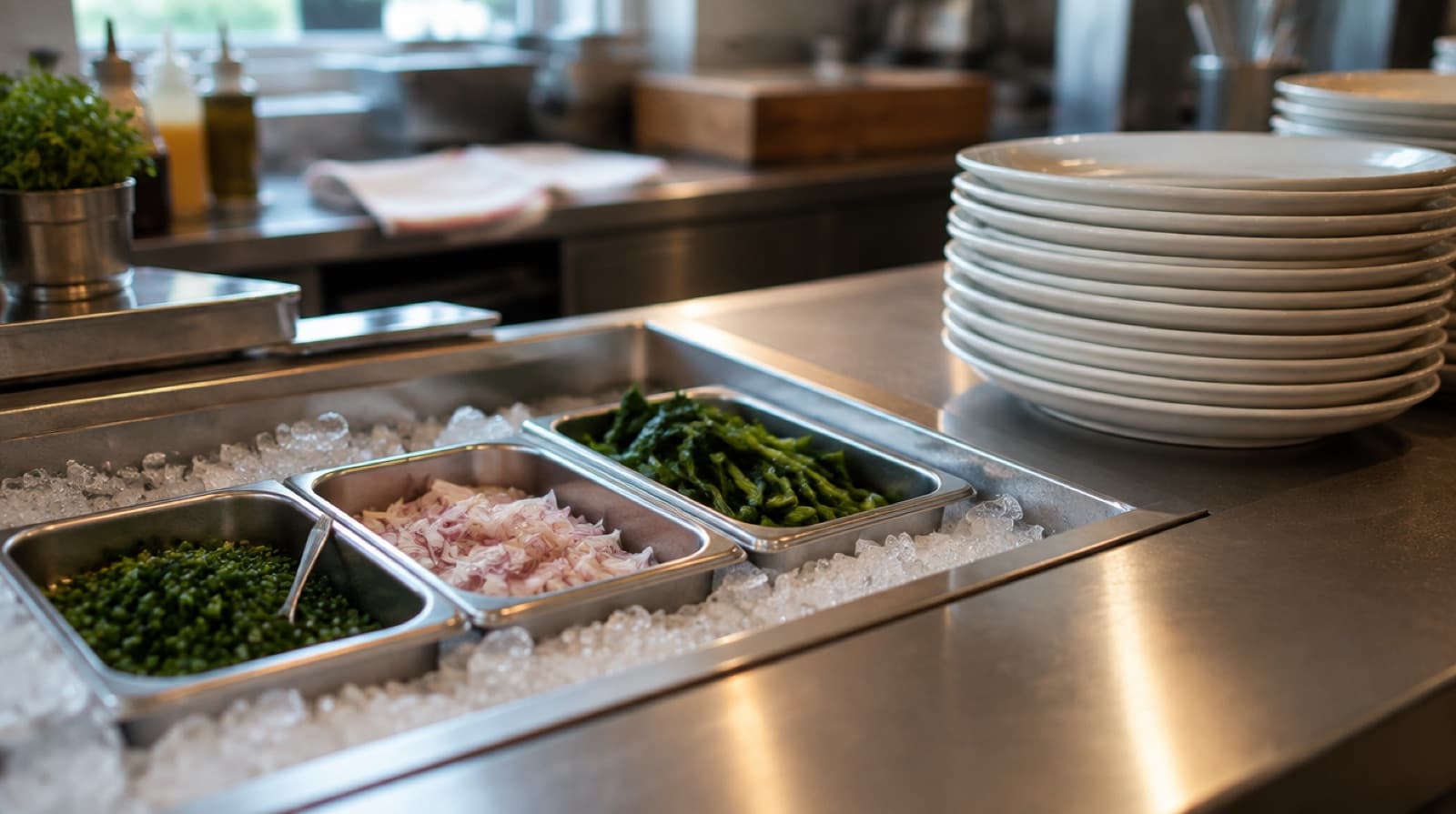 A garnish station mid-service, small steel inserts of chopped chives, shallots and blanched greens set into ice beside a stack of warm white plates.