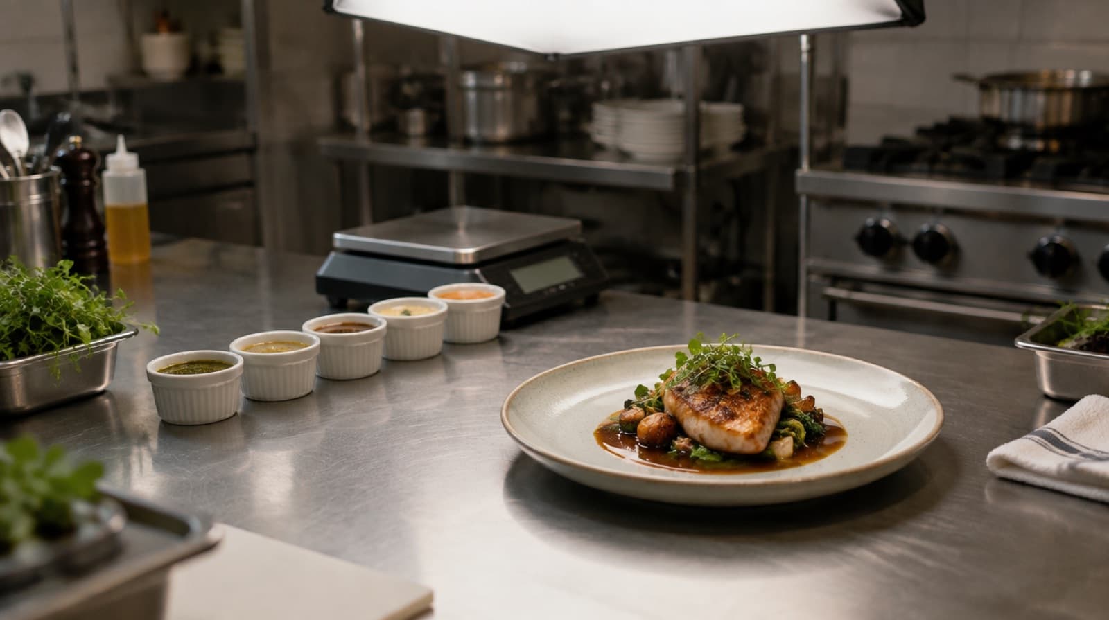 A test kitchen bench under a white softbox, with a digital scale, a row of small ramekins holding versions of one sauce and a single plated dish ready to be photographed.