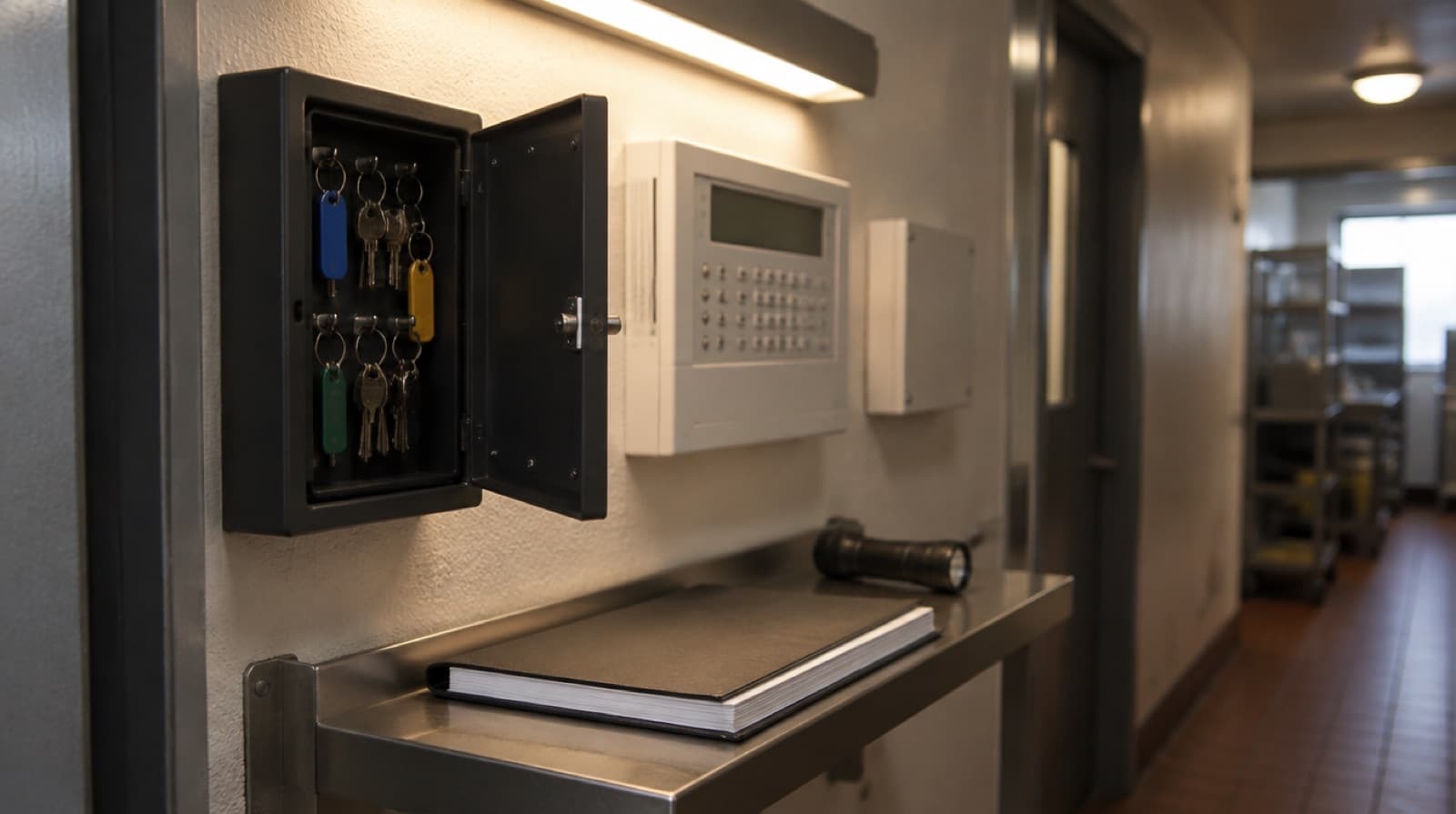 A wall-mounted key safe hanging open beside an alarm panel in a back corridor, an incident book and a torch on a shelf under a strip light.