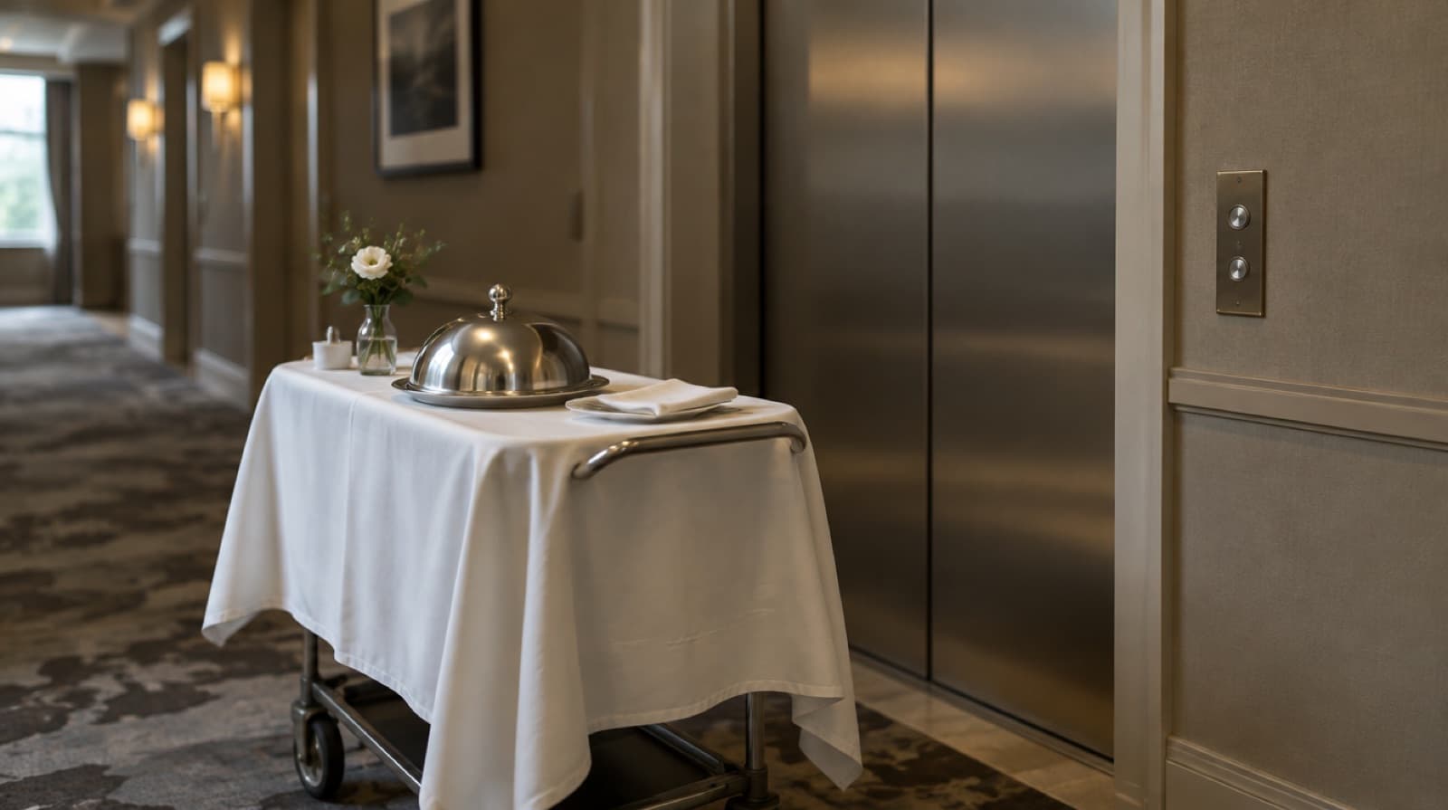 A hotel room service trolley under a white cloth in a service corridor, a silver cloche, a folded napkin and a small vase, the lift doors closed behind it.