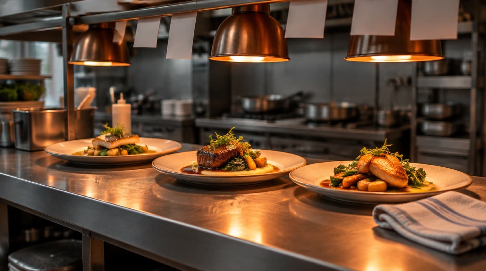Three plated main courses under orange heat lamps on a steel pass, a folded cloth beside them and a rail of order tickets overhead.