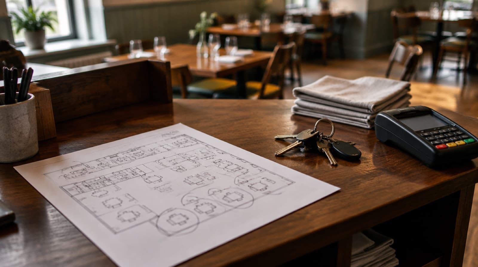 A printed floor plan with table numbers circled in pencil, a bunch of keys and a card reader lying on a wooden service station beside folded napkins.