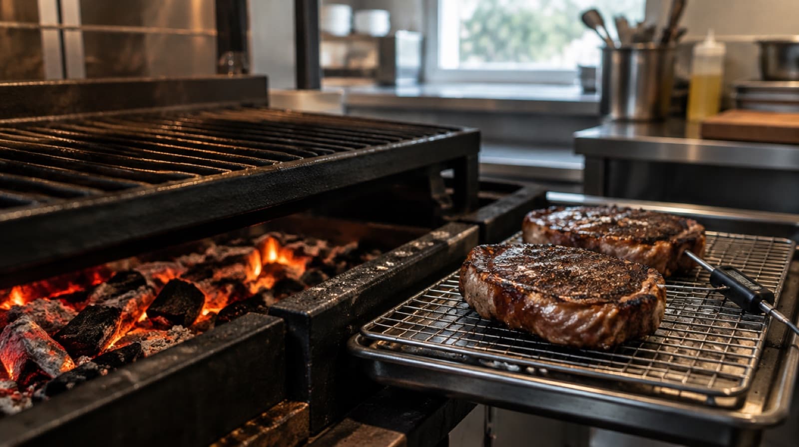 Glowing charcoal under a heavy cast-iron grill, two thick steaks resting on a wire rack beside a probe thermometer.