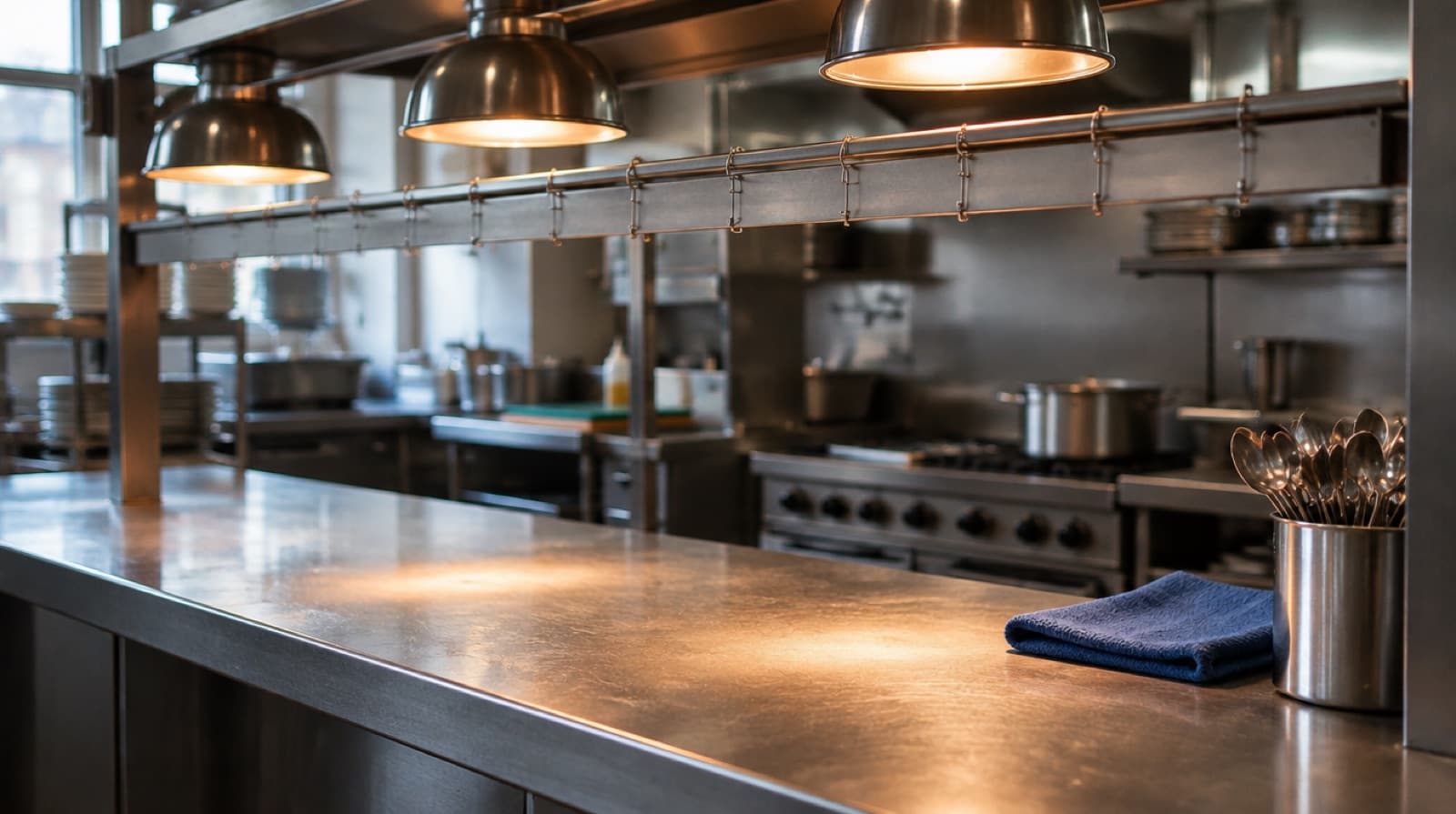 A steel pass under glowing heat lamps with an empty docket rail above it, a folded blue cloth and a pot of clean tasting spoons at one end.