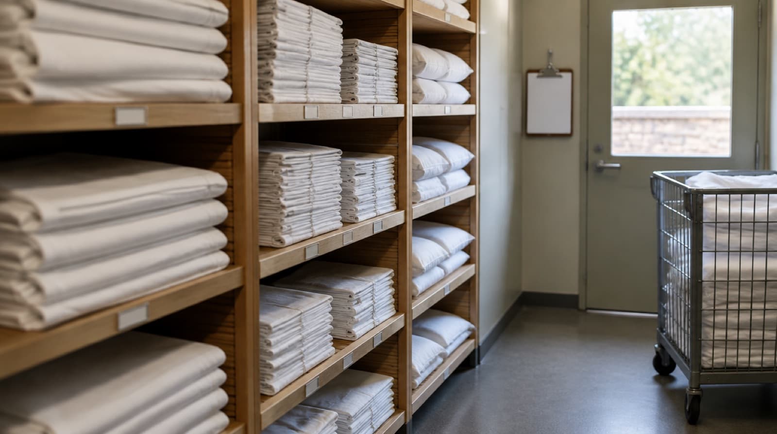 A linen room lined with slatted shelves of pressed sheets and pillowcases sorted by size, a clipboard hanging from a hook and a laundry cage on wheels by the door.