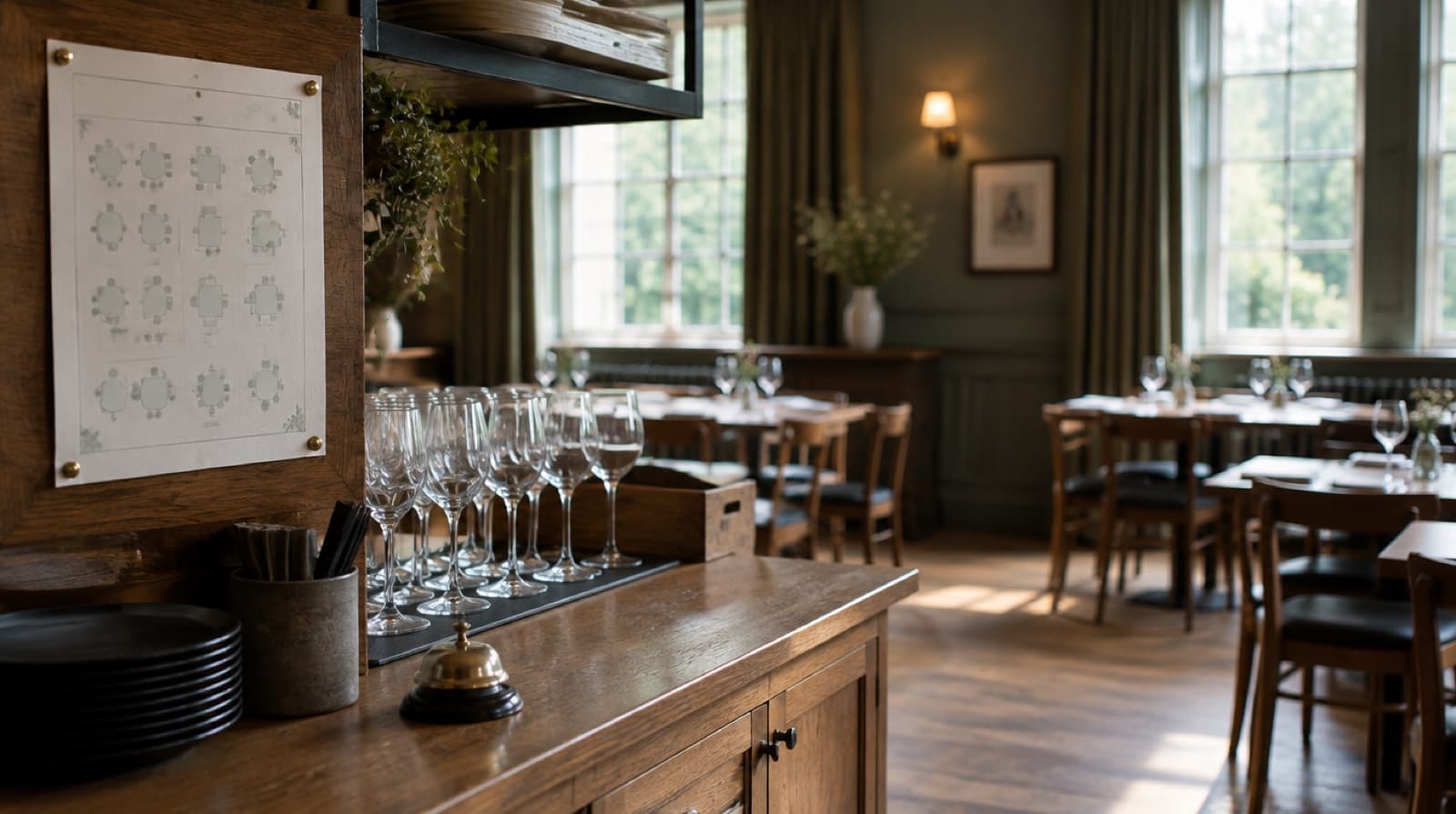 A printed table plan pinned beside a wooden service station, a neat row of wine glasses and a bell at the pass, the empty dining room behind in soft focus.