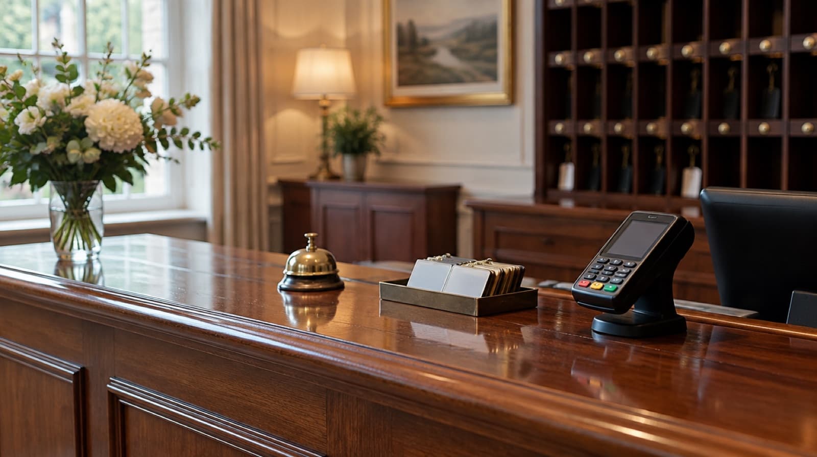 A polished wooden reception counter with a brass service bell, a small tray of key cards, a card machine on its stand and a vase of fresh stems at one end.