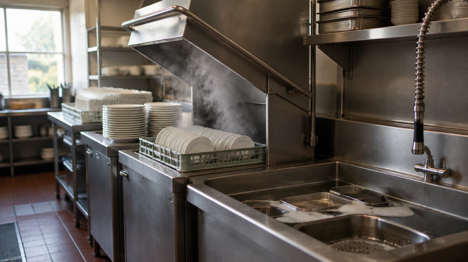 A steaming pass-through dishwasher with its hood raised, racks of clean white plates stacked beside a deep steel sink full of soaking pans.