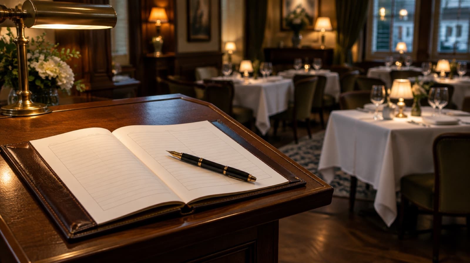 A leather-bound reservations book open on a polished lectern, a fountain pen across it, with a quiet dining room of white-clothed tables beyond in evening lamplight.