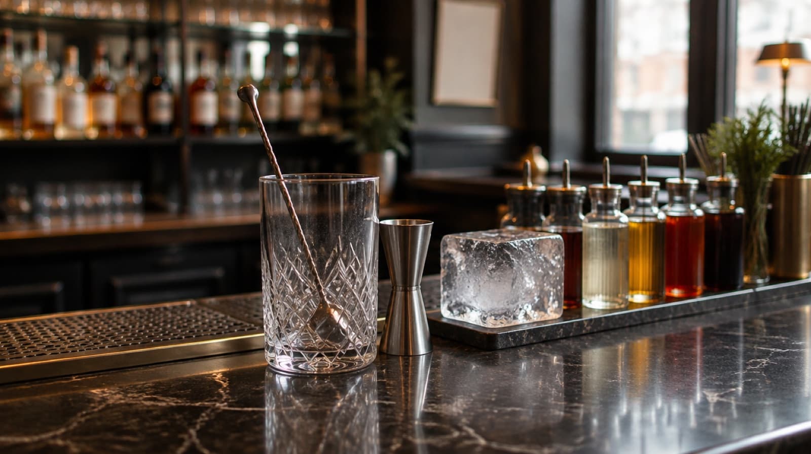 A cut crystal mixing glass with a long bar spoon resting in it, beside a steel jigger, a block of clear ice and a row of small labelled syrup bottles on a dark marble counter.