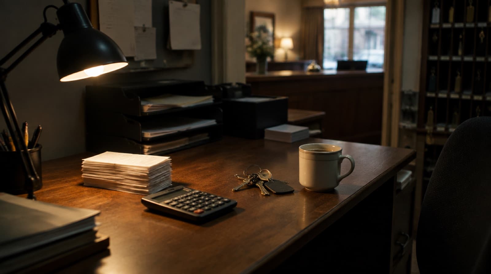 A dimly lit back office behind a hotel reception with a desk lamp shining on a neat pile of folded receipts, a calculator, a ring of keys and a mug of coffee going cold.