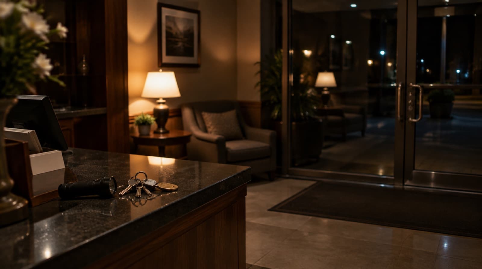 A hotel lobby at night with the lights turned low, an armchair beside a table lamp, a torch and a bunch of keys on the front desk and a locked glass entrance door reflecting the room.
