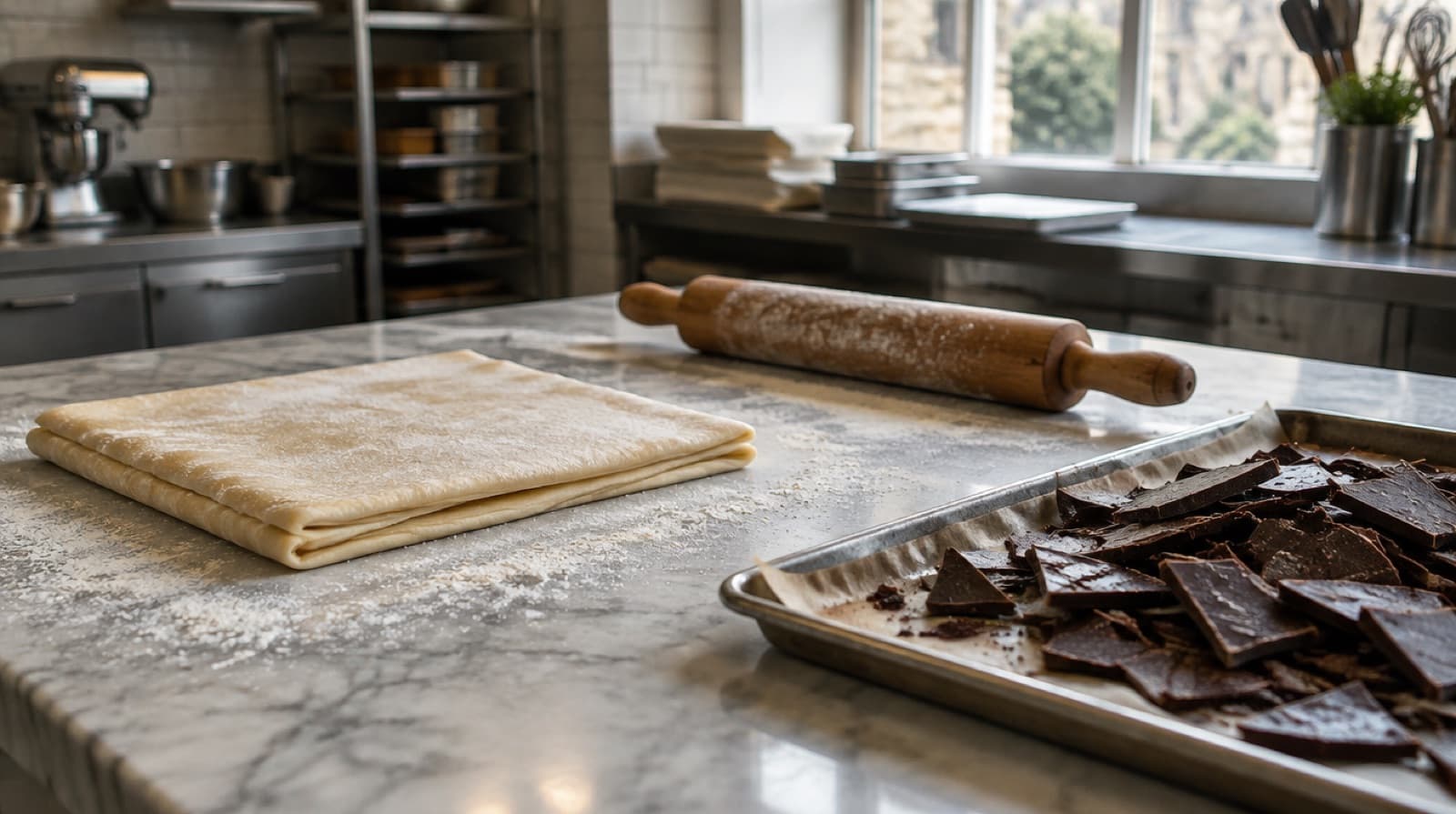 A cool marble bench dusted with flour, a sheet of laminated dough beside a wooden rolling pin, and a tray of tempered chocolate shards catching pale window light.