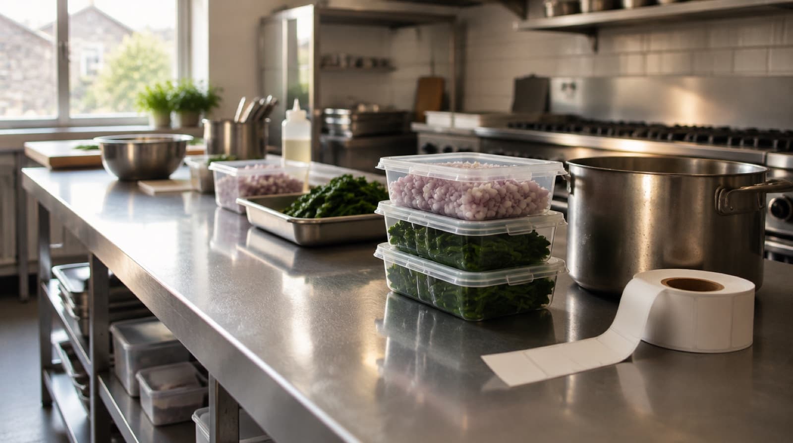 A long steel prep bench in morning light, lidded containers of diced shallot and blanched greens stacked beside a stockpot and a roll of blank date labels.
