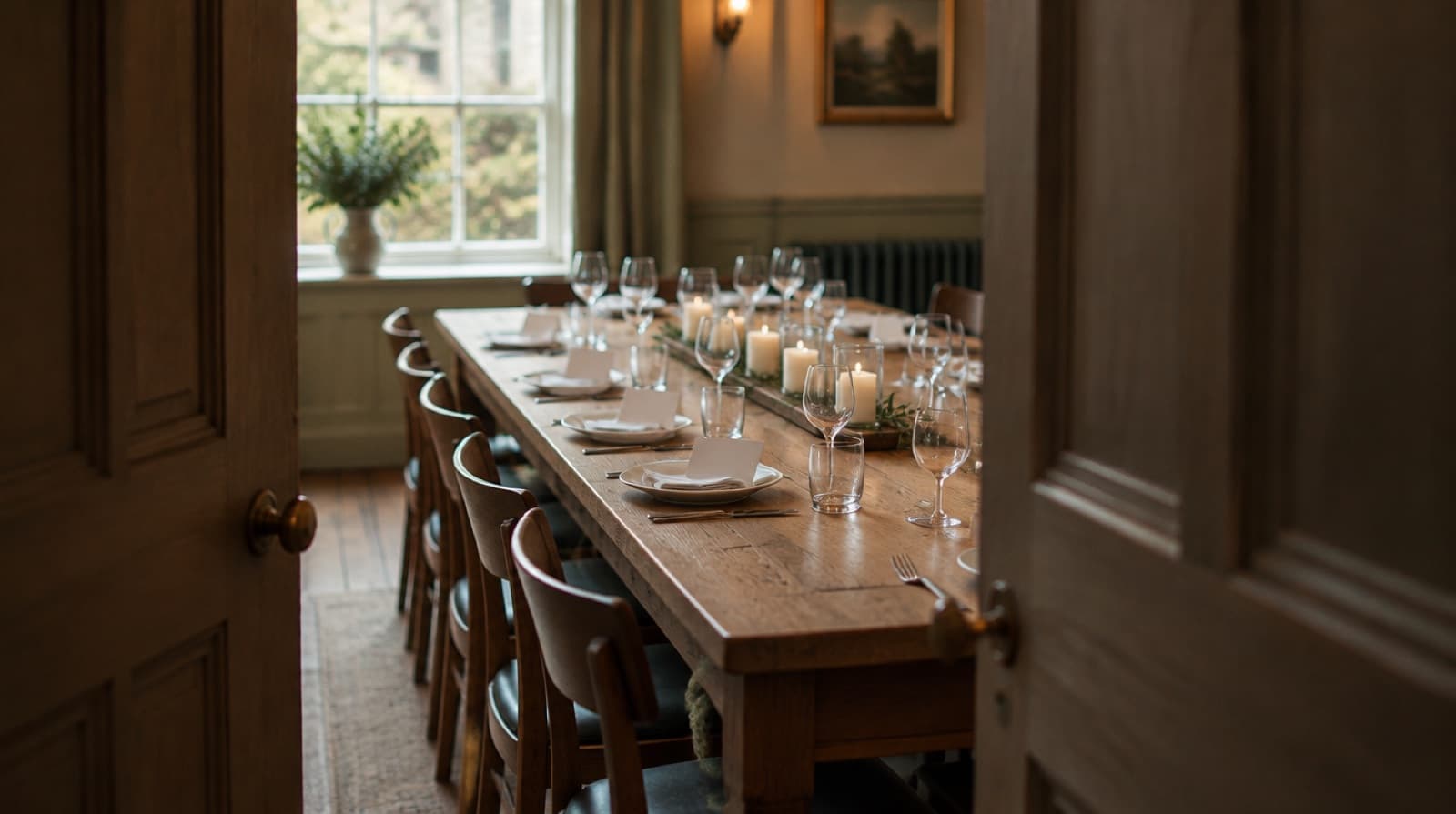 A long oak table behind half-open panelled doors, set with name cards, polished glassware and a row of low candles not yet lit.