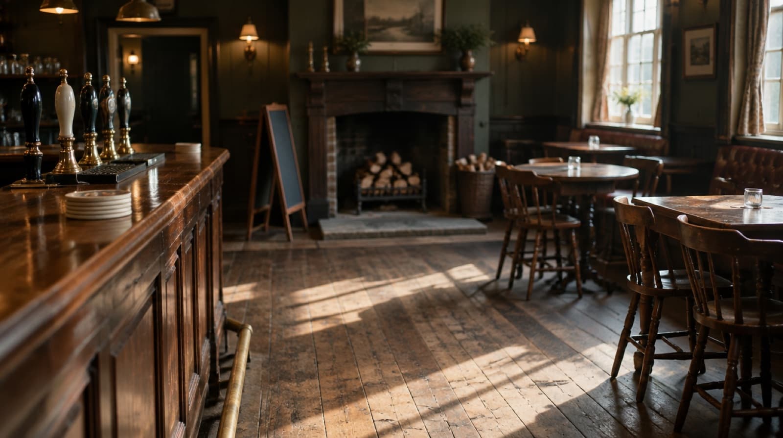 An empty pub at opening time, low sun across worn floorboards, a chalkboard easel turned to the wall, beer mats stacked on the bar and a fire laid but unlit in the grate.