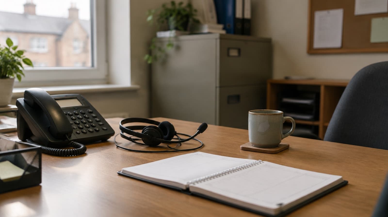 A desk in a small back office with a telephone handset, a headset coiled beside it, a desk diary open to a crowded week and a mug on a coaster.