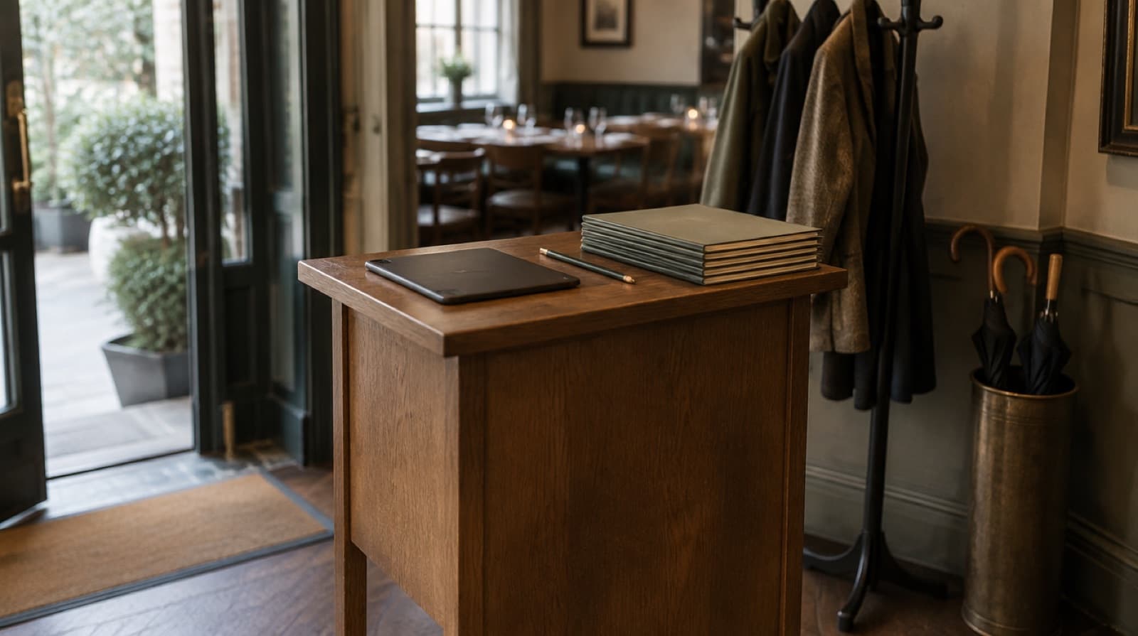 A slim wooden host stand by a restaurant entrance, a tablet face down on it beside a pencil and a stack of menus, with a coat rail and an umbrella stand behind.