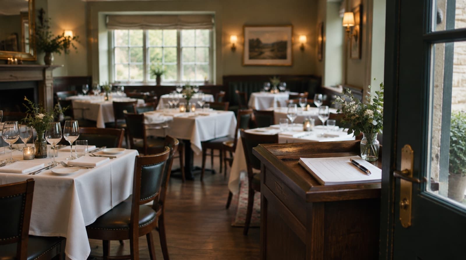 A laid dining room before service, white cloths and polished glasses on every table, a printed booking sheet and a pen resting on the host stand by the door.