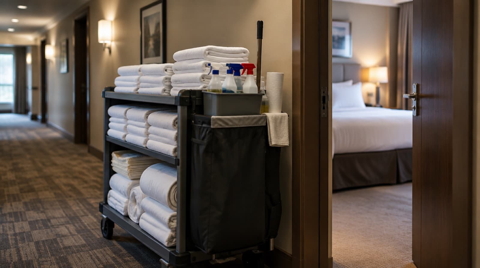 A housekeeping trolley parked in a quiet hotel corridor, stacked with folded white towels, rolls of fresh linen and a caddy of cleaning bottles beside an open bedroom door.